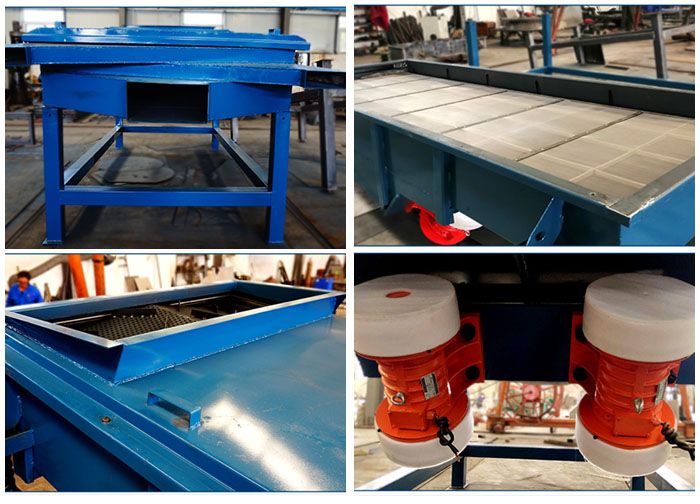 方形振動(dòng)篩出料口，篩網(wǎng)和網(wǎng)架，進(jìn)料口，振動(dòng)電機(jī)等細(xì)節(jié)展示。