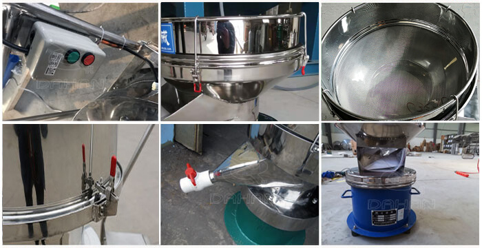 過濾篩細節(jié)展示：控制開關，篩框，出料口閥門，底座等